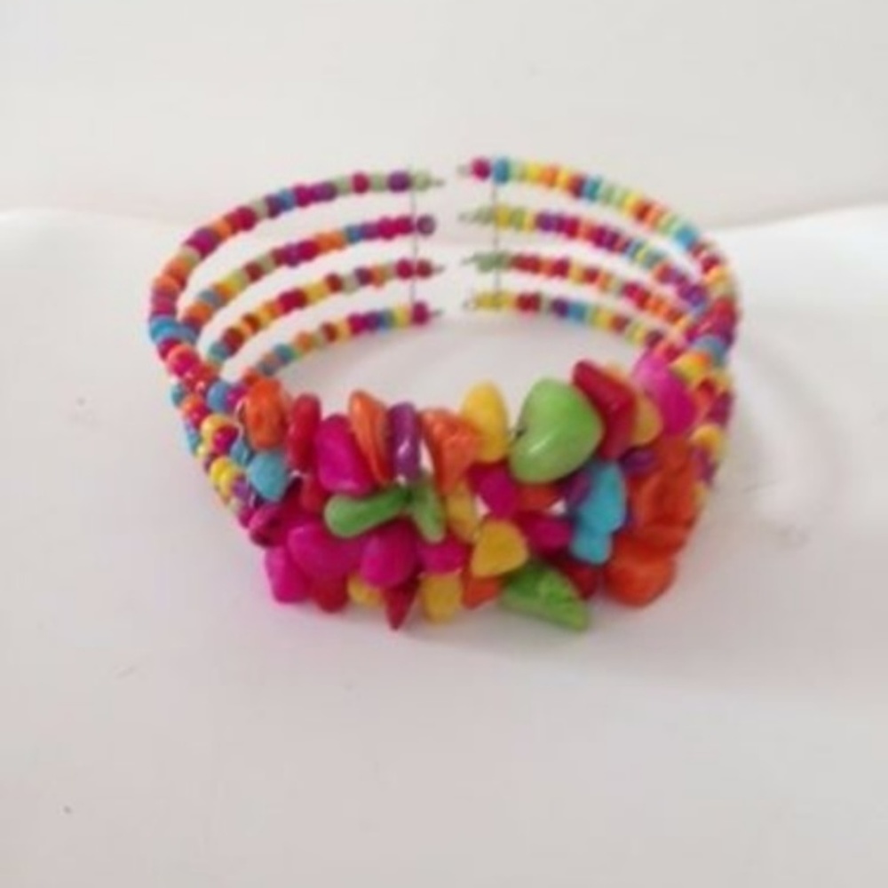 Beaded Wire Bracelet Open Back Festive Colors New - Picture 2 of 8